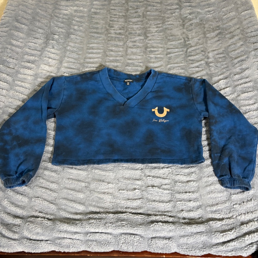 True Religion Womens Blue Tie Dye Cropped V-Neck Sweatshirt Gold Logo Small